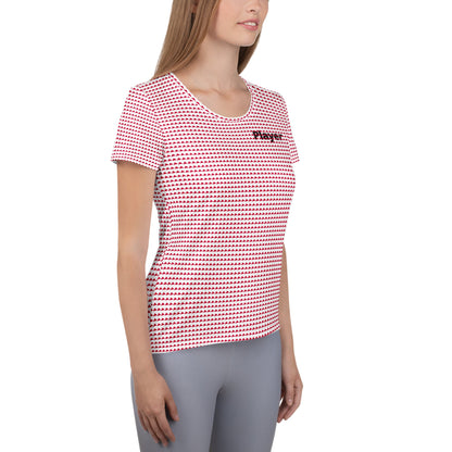 Good Wishes 365 women's athletic t-shirt with red triangle print and Player graphic worn by a model in grey leggings