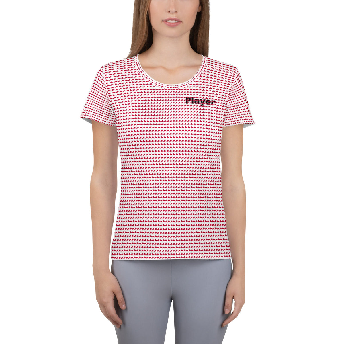 Good Wishes 365 women's athletic t-shirt with red triangle pattern and Player graphic on chest, moisture-wicking fabric