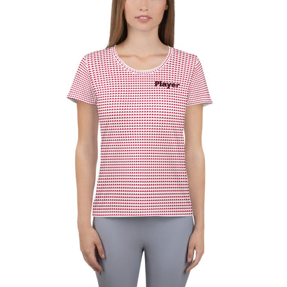 Good Wishes 365 women's athletic t-shirt with red triangle pattern and Player graphic on chest, moisture-wicking fabric