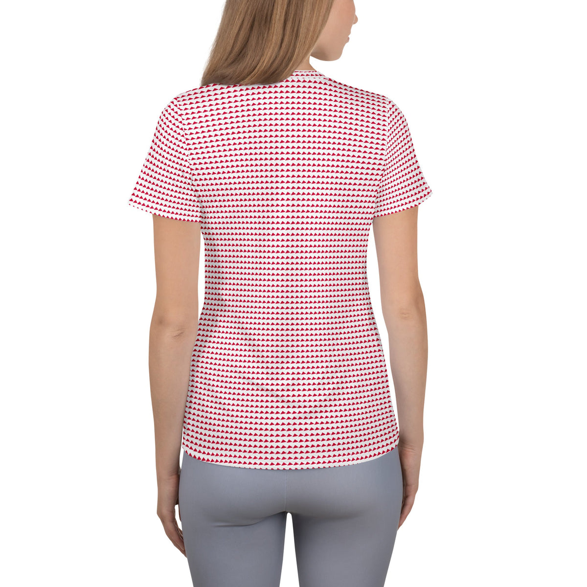 Good Wishes 365 women's athletic t-shirt with all-over red triangle print, back view on a model
