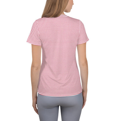 Good Wishes 365 women's athletic t-shirt with all-over red triangle print, back view on a model