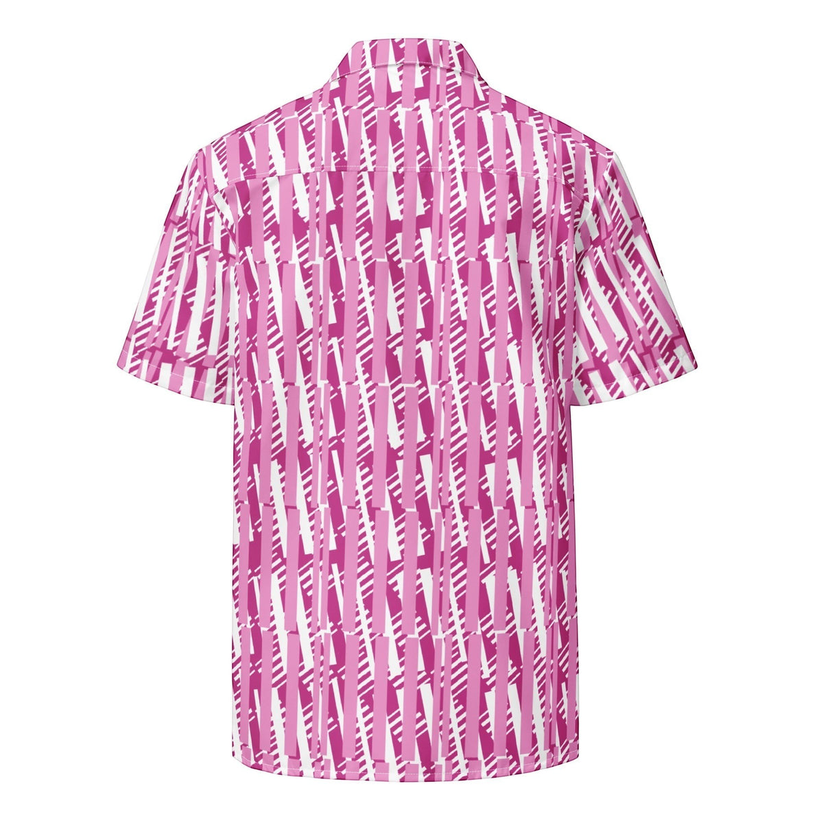 Good Wishes 365 men's short sleeve button shirt in red-violet and white with an abstract vertical stripe pattern.