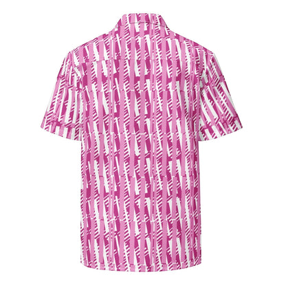 Good Wishes 365 men's short sleeve button shirt in red-violet and white with an abstract vertical stripe pattern.