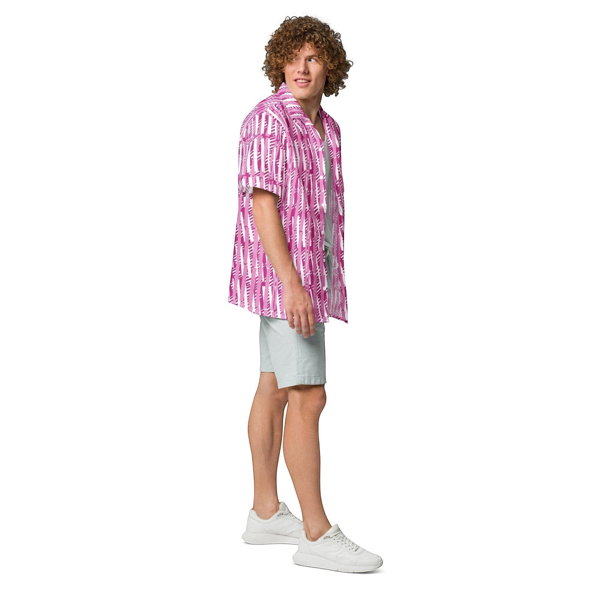 Good Wishes 365 men's red-violet and white vertical striped short sleeve camp collar shirt worn with light grey shorts