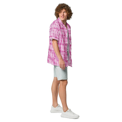 Good Wishes 365 men's red-violet and white vertical striped short sleeve camp collar shirt worn with light grey shorts