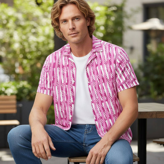 Good Wishes 365 men's red-violet and white vertical striped short sleeve camp collar shirt worn with blue jeans