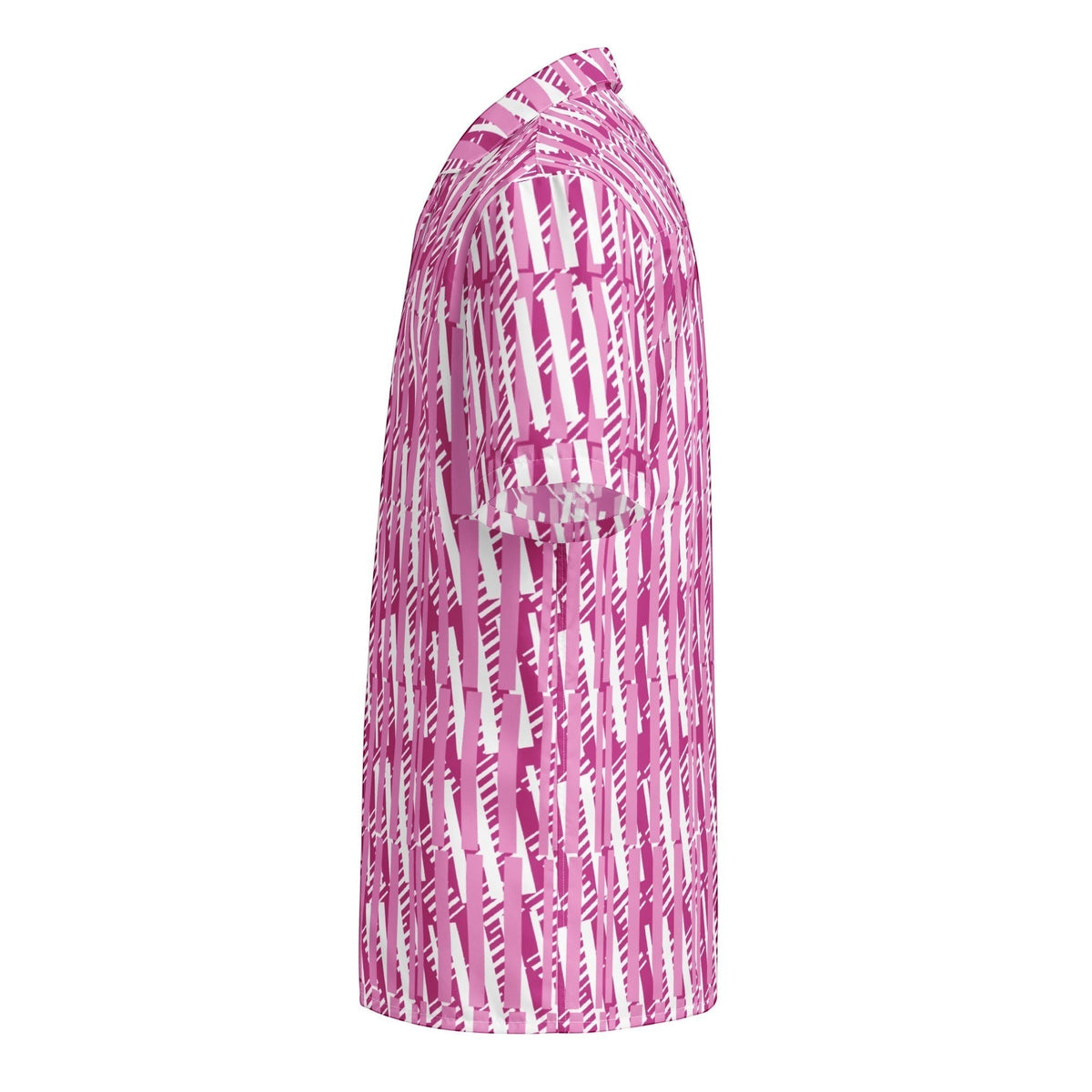 Good Wishes 365 men's short sleeve button shirt in red-violet and white with an abstract vertical stripe pattern