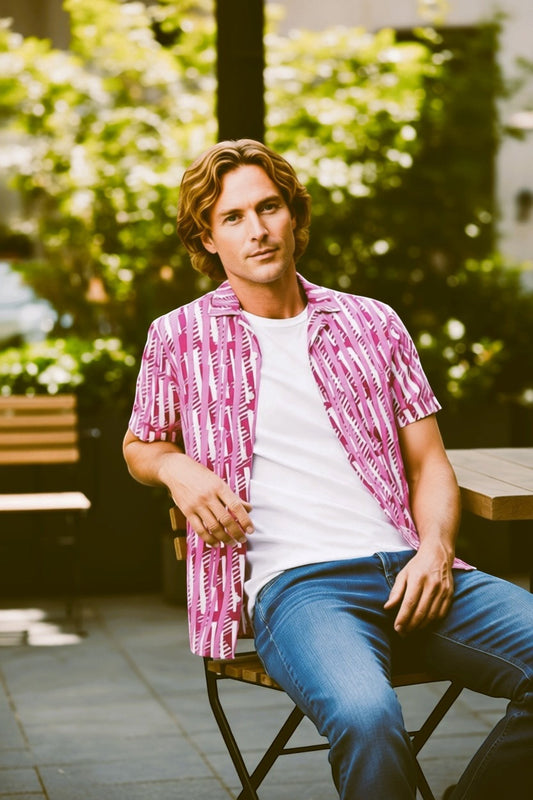 Good Wishes 365 men's red-violet and white vertical striped short sleeve camp collar shirt worn over a white t-shirt