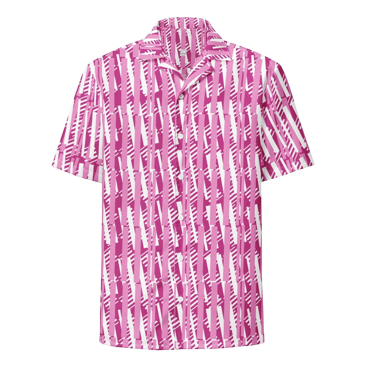 Good Wishes 365 men's short sleeve button shirt in red-violet and white with an abstract vertical stripe pattern.