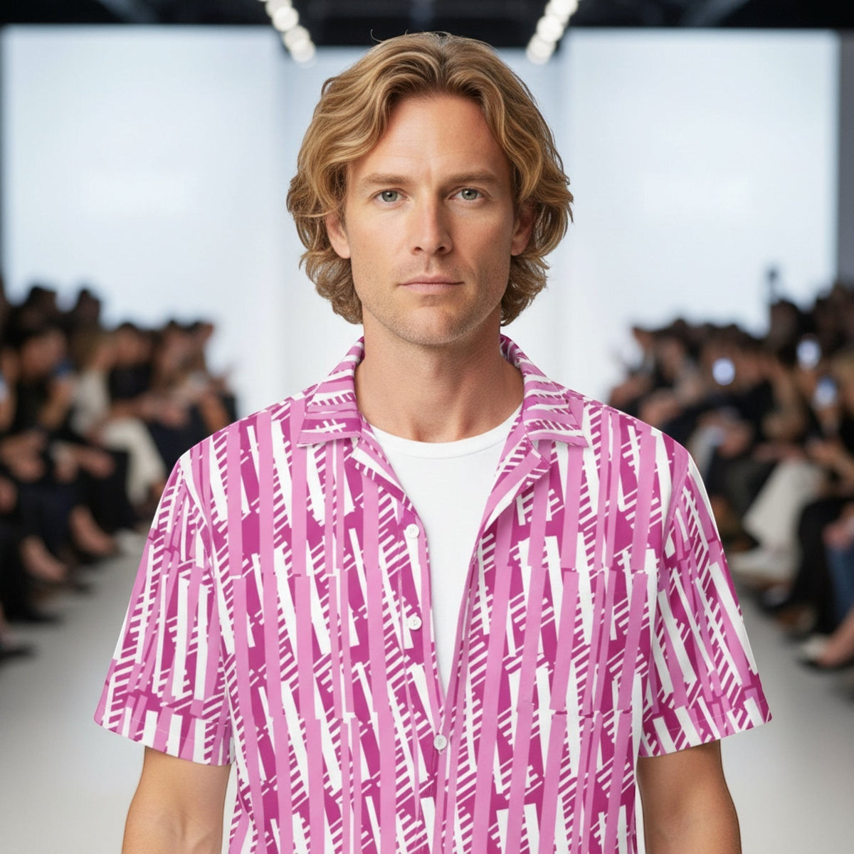 Good Wishes 365 men's red violet and white vertical striped short sleeve camp collar shirt worn by a blonde model