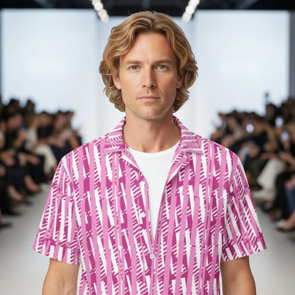 Good Wishes 365 men's red violet and white vertical striped short sleeve camp collar shirt worn by a blonde model