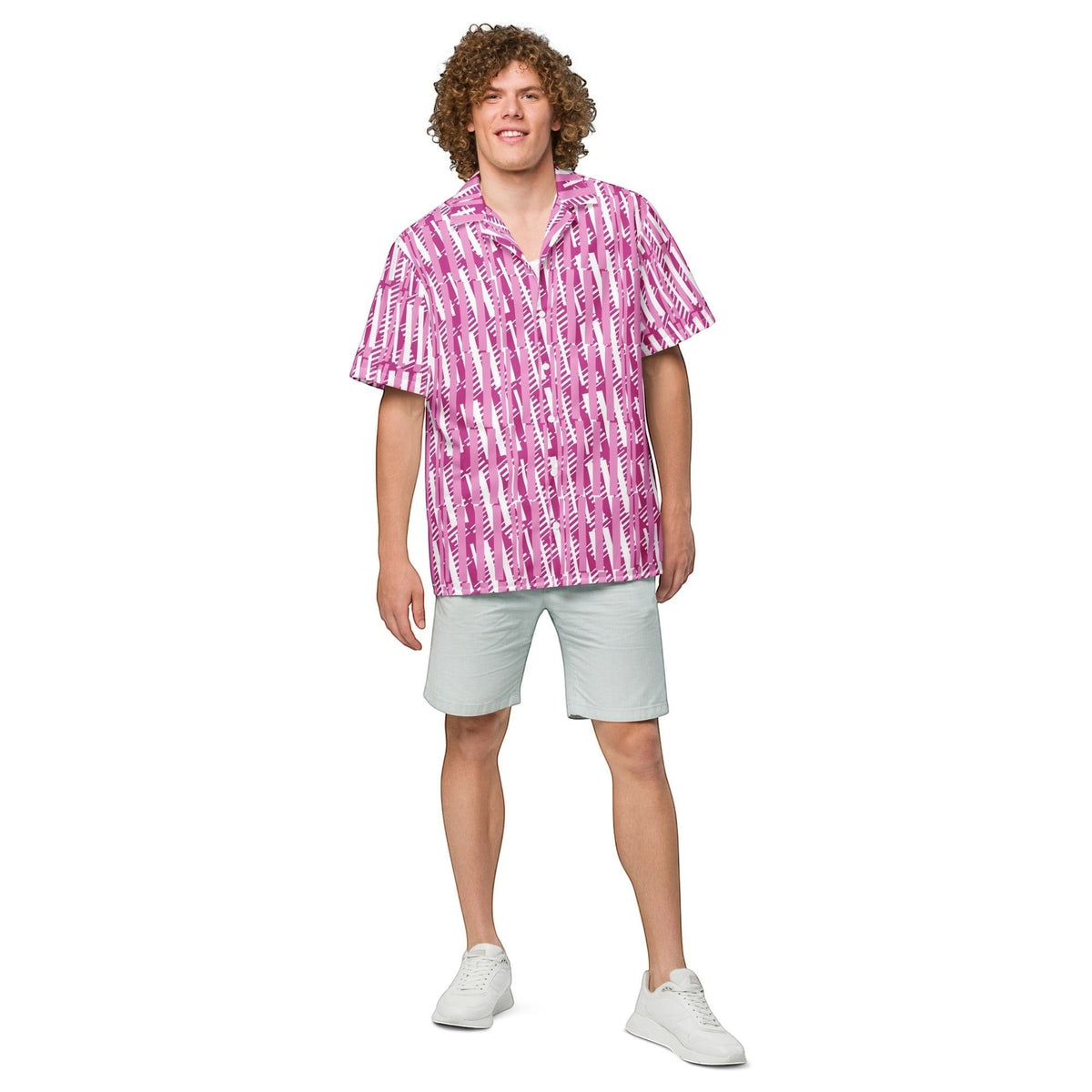 Good Wishes 365 men's red-violet and white vertical striped short sleeve camp collar shirt worn with light grey shorts.