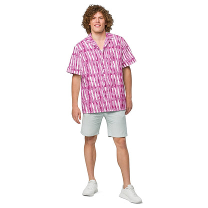 Good Wishes 365 men's red-violet and white vertical striped short sleeve camp collar shirt worn with light grey shorts.
