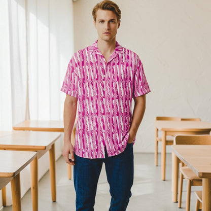 Good Wishes 365 men's short sleeve button shirt in red-violet and white vertical stripe with a relaxed camp collar.