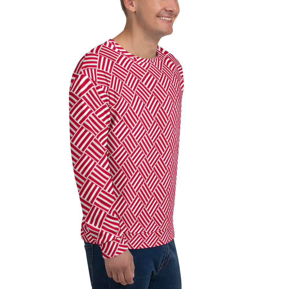 Good Wishes 365 unisex recycled sweatshirt in crimson red and white with a geometric basketweave pattern, side view