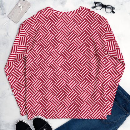 Good Wishes 365 unisex sweatshirt featuring a red and white geometric basketweave print on a flat lay background.