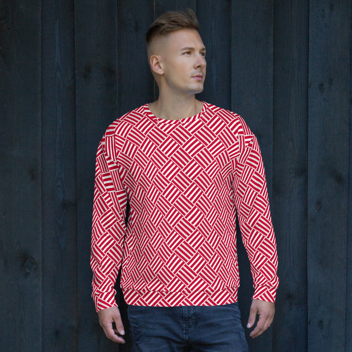 Good Wishes 365 unisex crew neck sweatshirt featuring a red and white geometric basketweave print on recycled fabric
