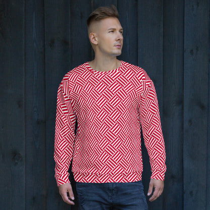 Good Wishes 365 unisex crew neck sweatshirt featuring a red and white geometric basketweave print on recycled fabric