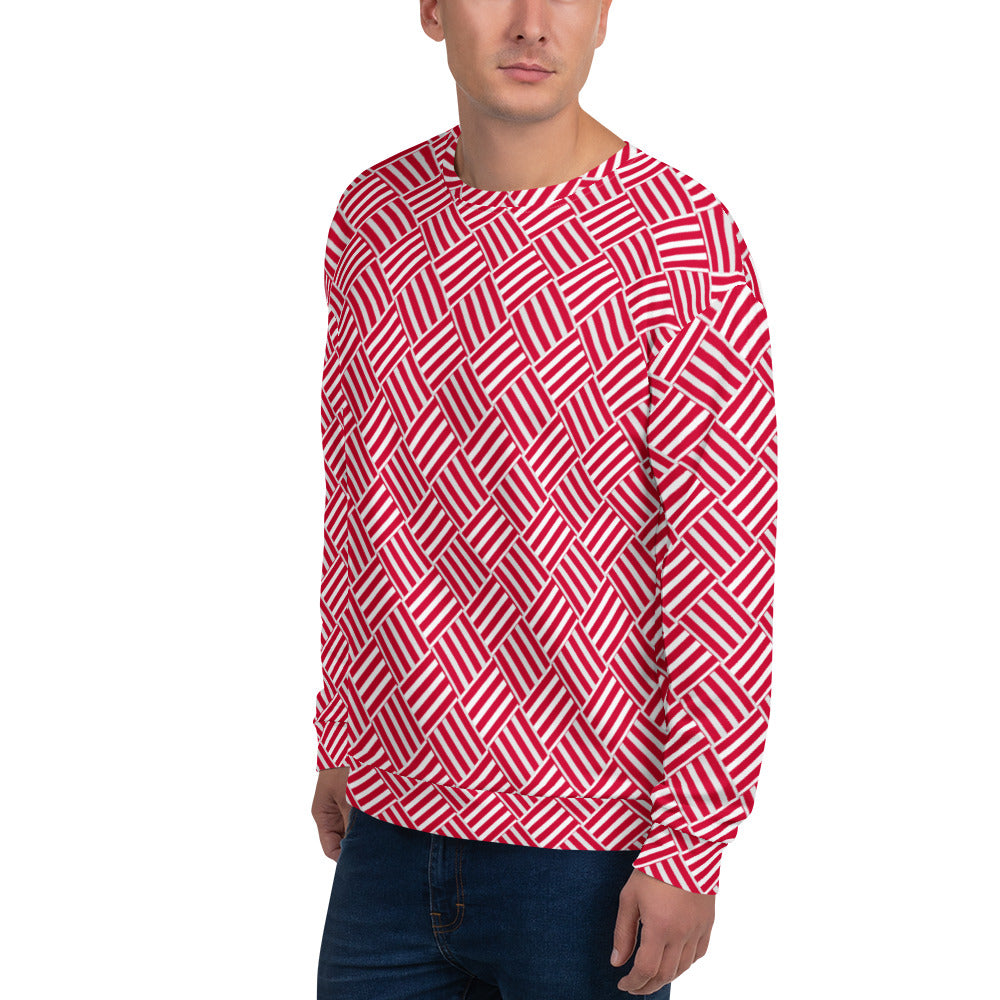 Good Wishes 365 unisex sweatshirt featuring a crimson red and white geometric basketweave print on a male model