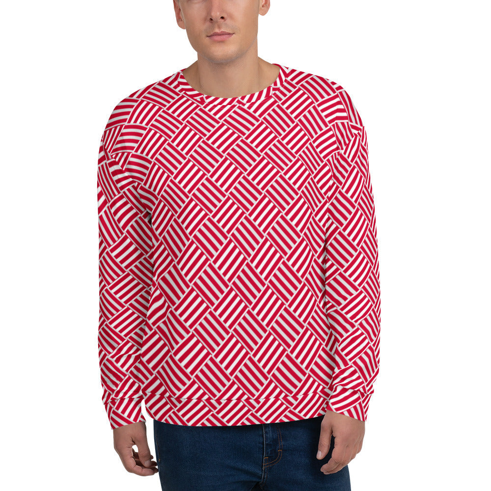 Good Wishes 365 unisex crew neck sweatshirt featuring a bold crimson red and white geometric basketweave print