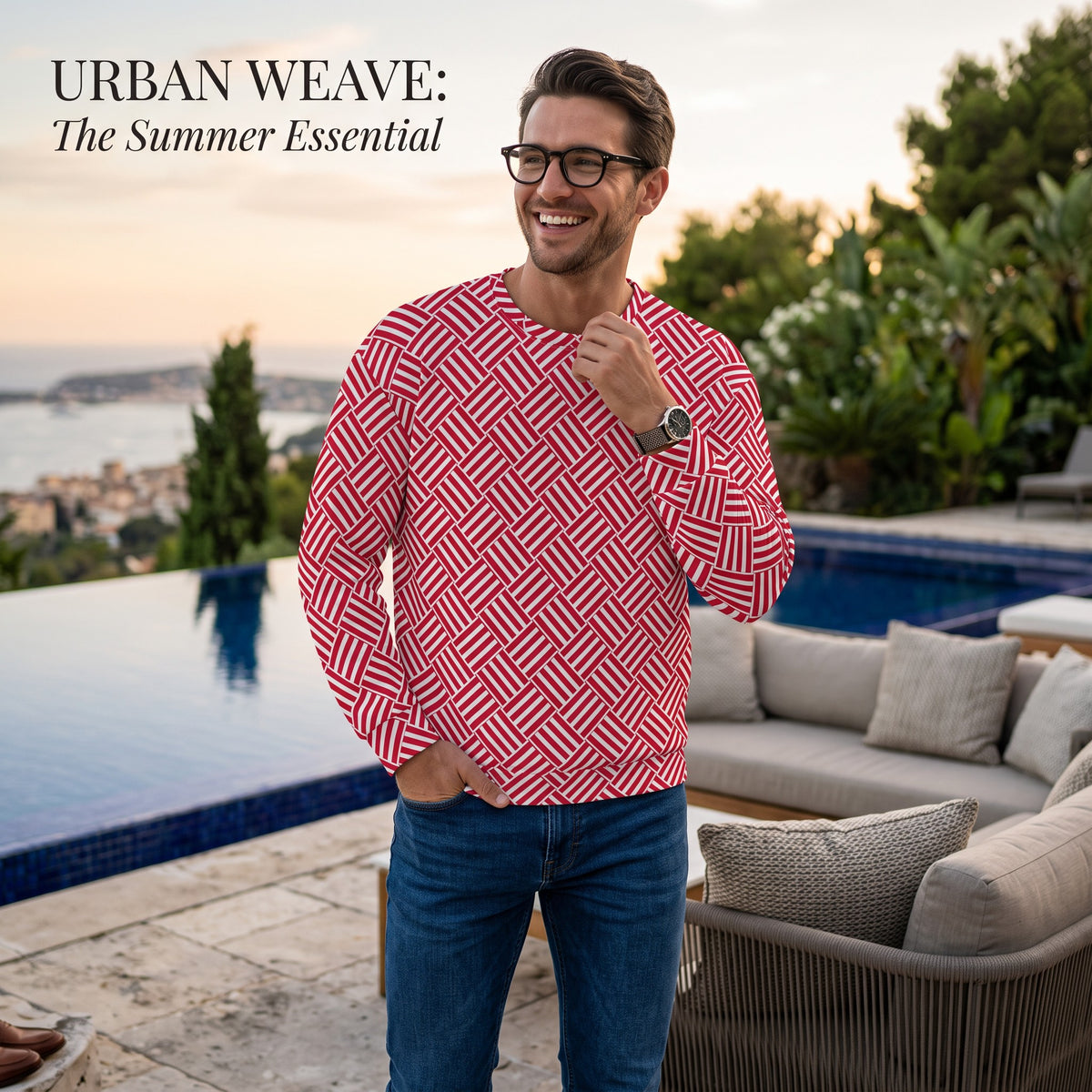Good Wishes 365 unisex sweatshirt with a red and white geometric basketweave print worn by a smiling man by a pool.