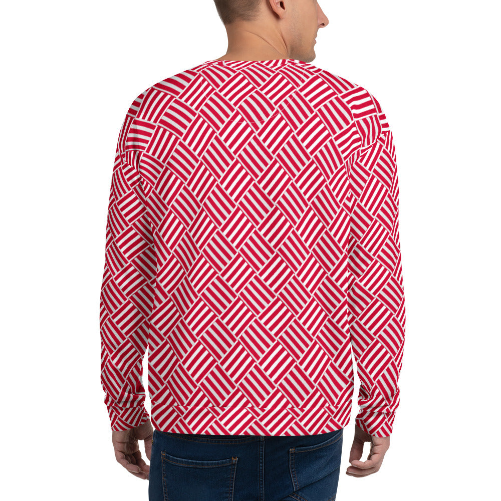 Good Wishes 365 unisex crew neck sweatshirt featuring a red and white geometric basketweave print, back view.