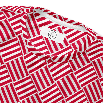 Good Wishes 365 unisex crew neck sweatshirt featuring a bold red and white geometric basketweave all-over print.