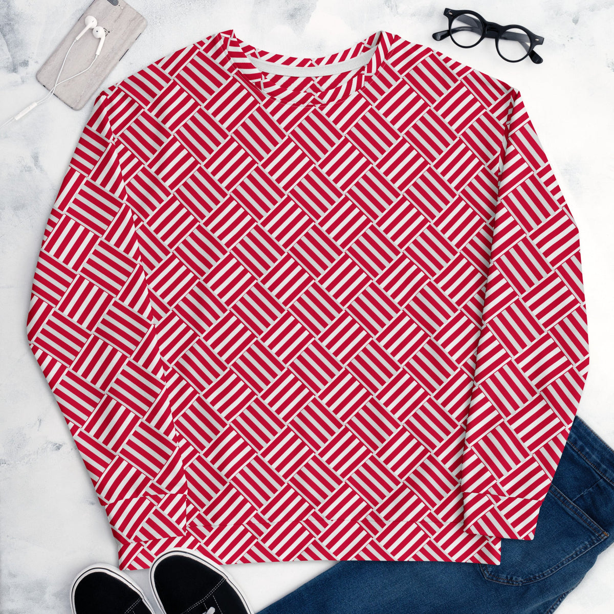 Good Wishes 365 unisex sweatshirt featuring a red and white geometric basketweave print on a marble surface.