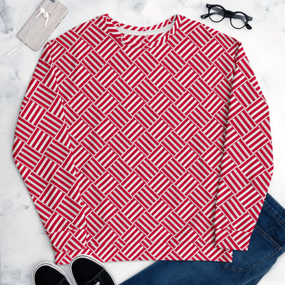 Good Wishes 365 unisex sweatshirt featuring a red and white geometric basketweave print on a marble surface.