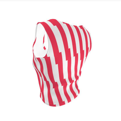 Good Wishes 365 red and white glitch stripe crop top with a scoop neck in a form-fitting polyester spandex blend.