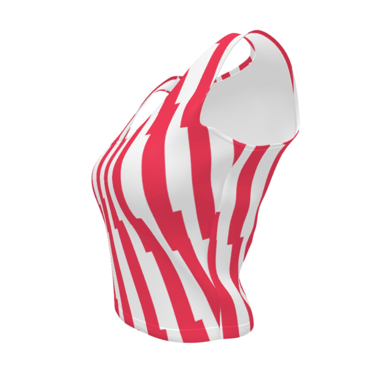 Good Wishes 365 red and white glitch stripe crop top with a scoop neck and form-fitting silhouette in a side view.