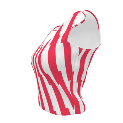 Good Wishes 365 red and white glitch stripe crop top with a scoop neck and form-fitting silhouette in a side view.