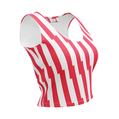 Good Wishes 365 red and white glitch stripe sleeveless crop top with a scoop neckline in a form-fitting silhouette.