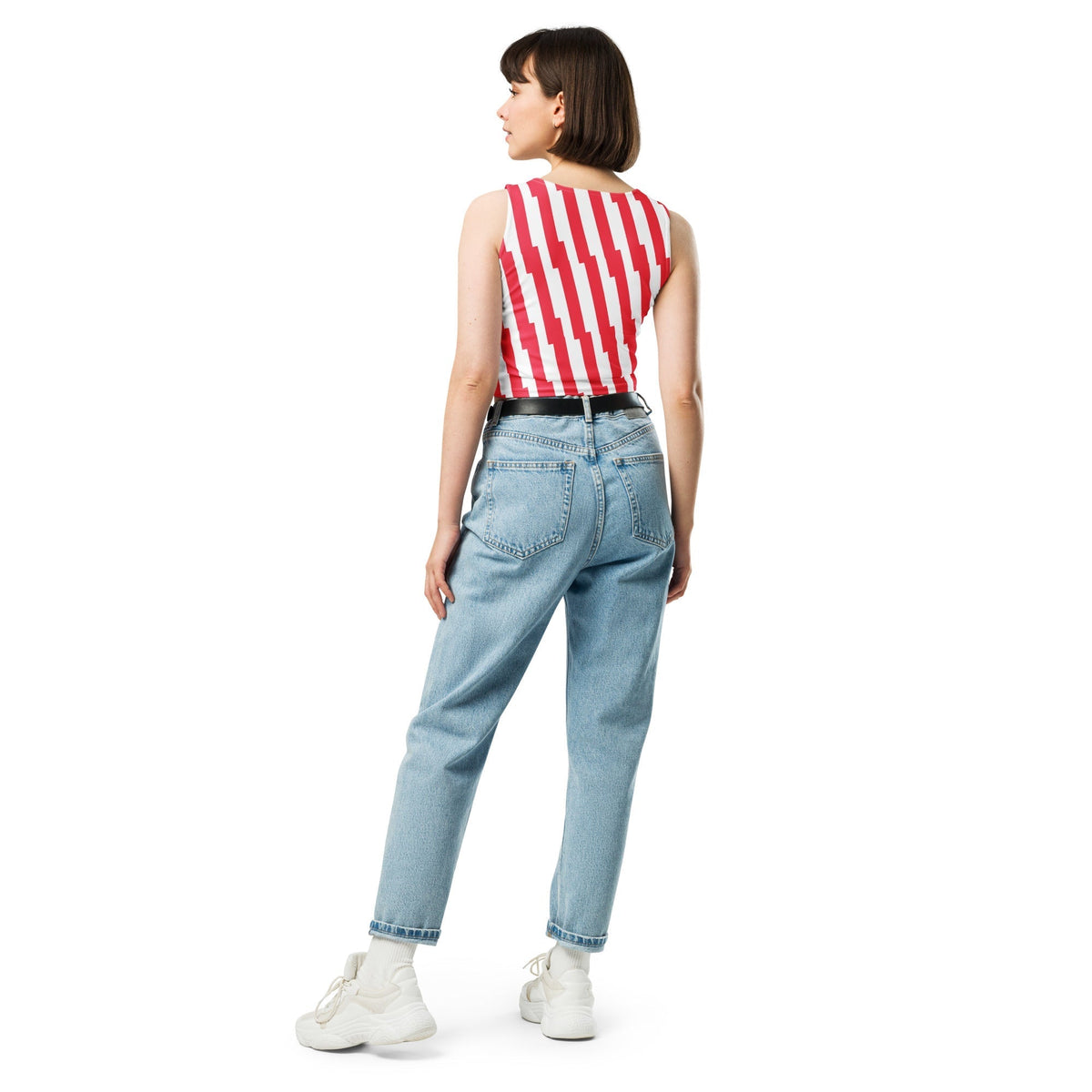 Good Wishes 365 red and white glitch stripe crop top worn by a woman with light wash jeans, back view