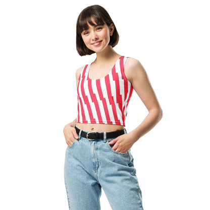 Good Wishes 365 red and white glitch stripe crop top worn by a smiling woman with light blue jeans