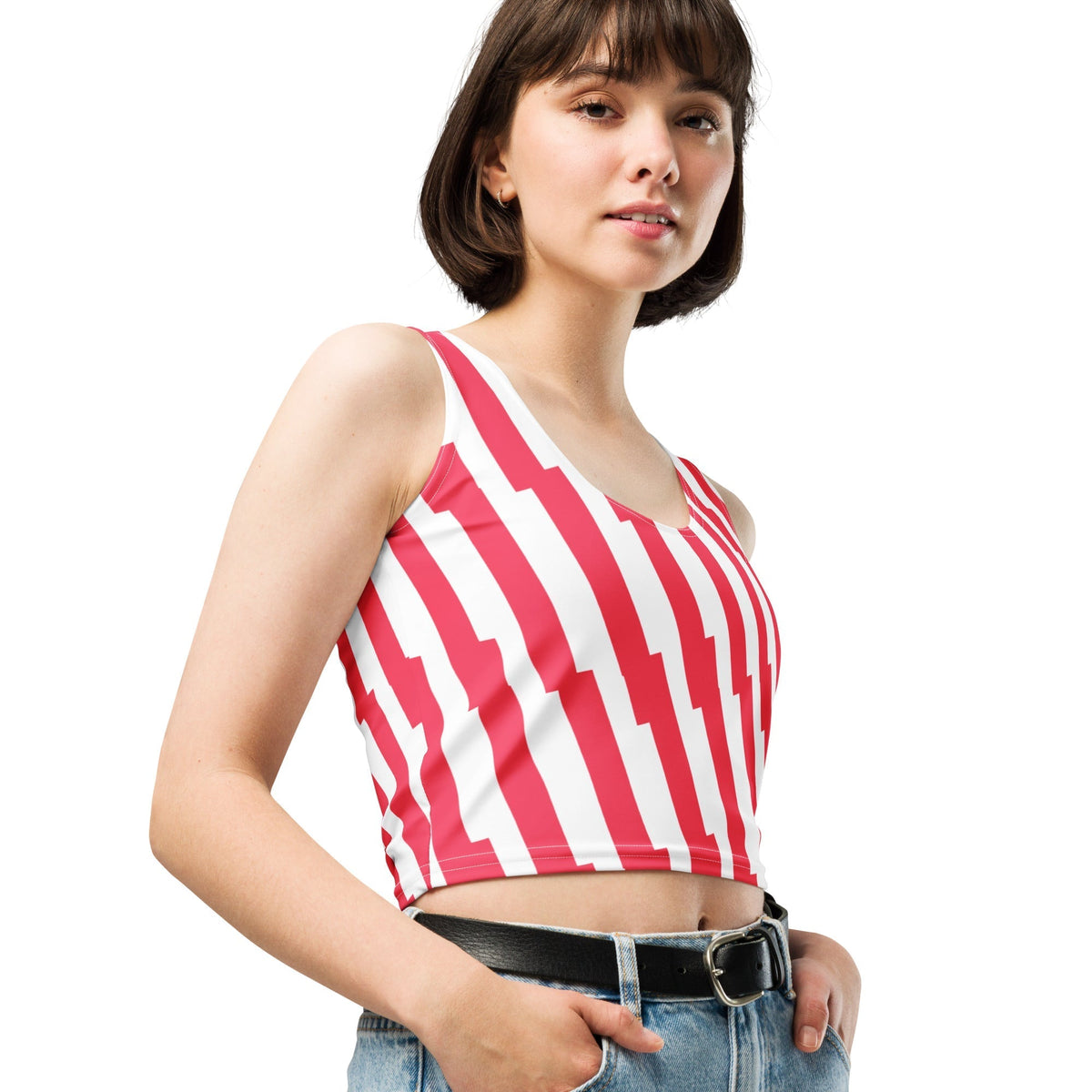 Good Wishes 365 red and white glitch stripe crop top with a scoop neck worn by a woman with short brown hair