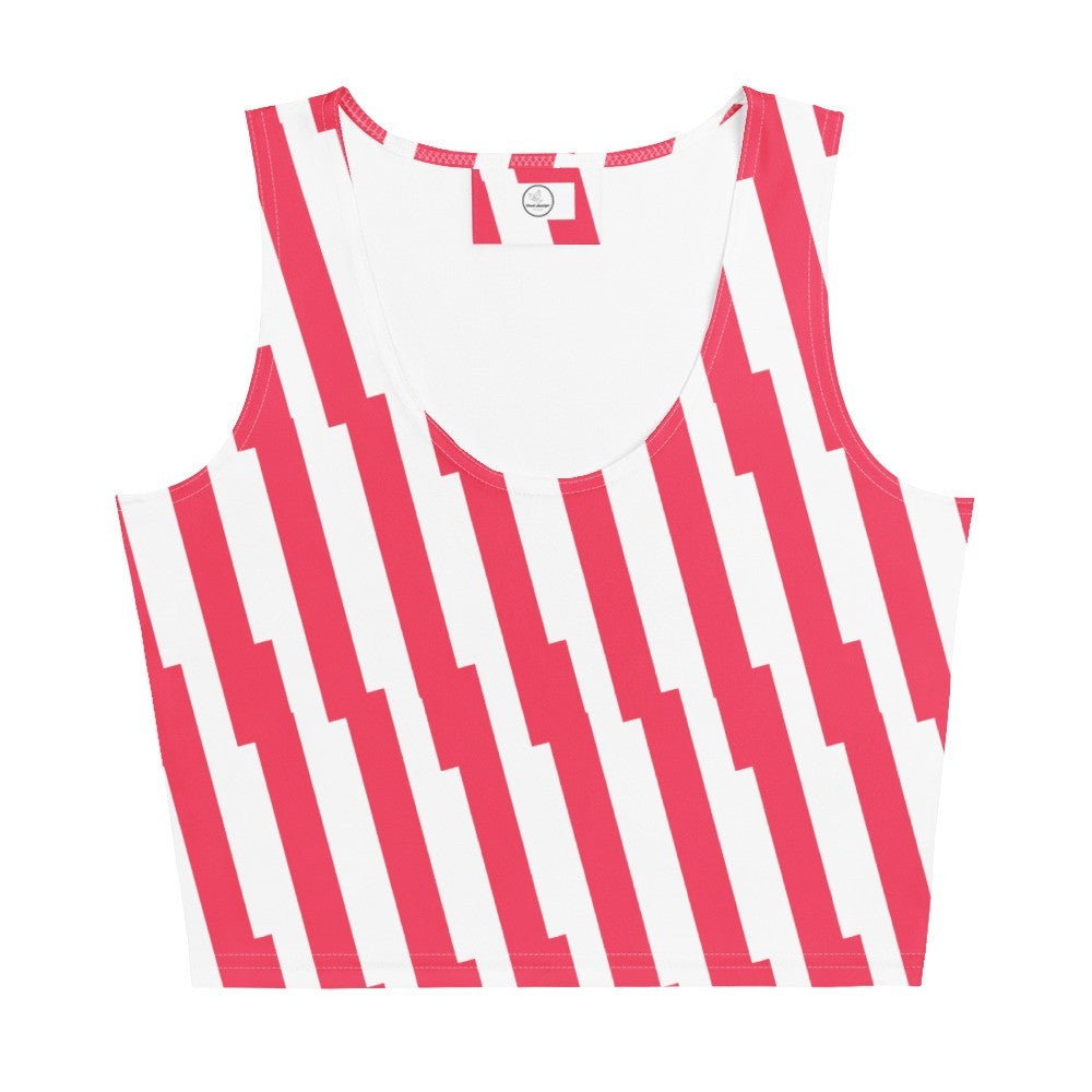 Good Wishes 365 red and white glitch stripe crop top with a scoop neckline and sleeveless design.