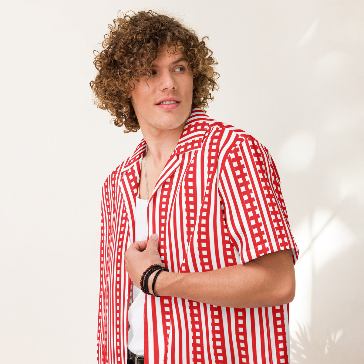 Good Wishes 365 red and white striped short-sleeve button-up shirt with oversized fit and UPF50+ protection.