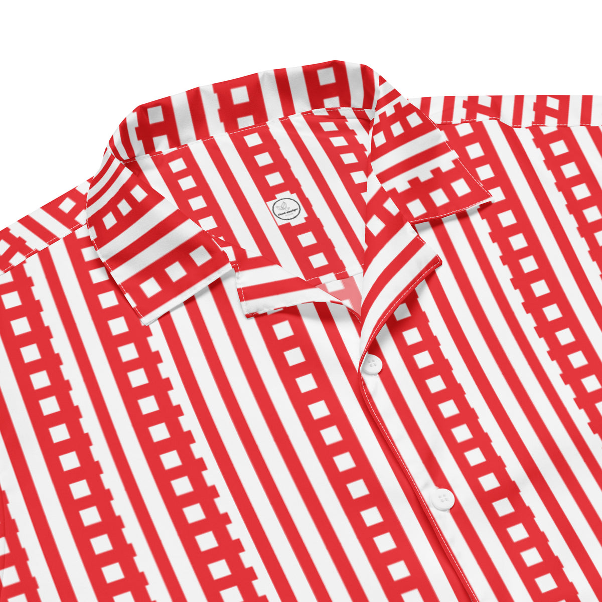 Good Wishes 365 red and white striped button-up shirt with a bold geometric pattern. Lightweight, moisture-wicking, UPF50+.