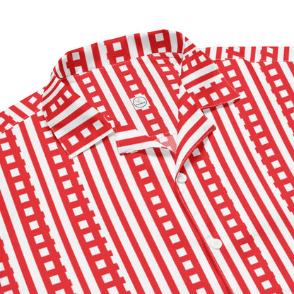 Good Wishes 365 red and white striped button-up shirt with a bold geometric pattern. Lightweight, moisture-wicking, UPF50+.