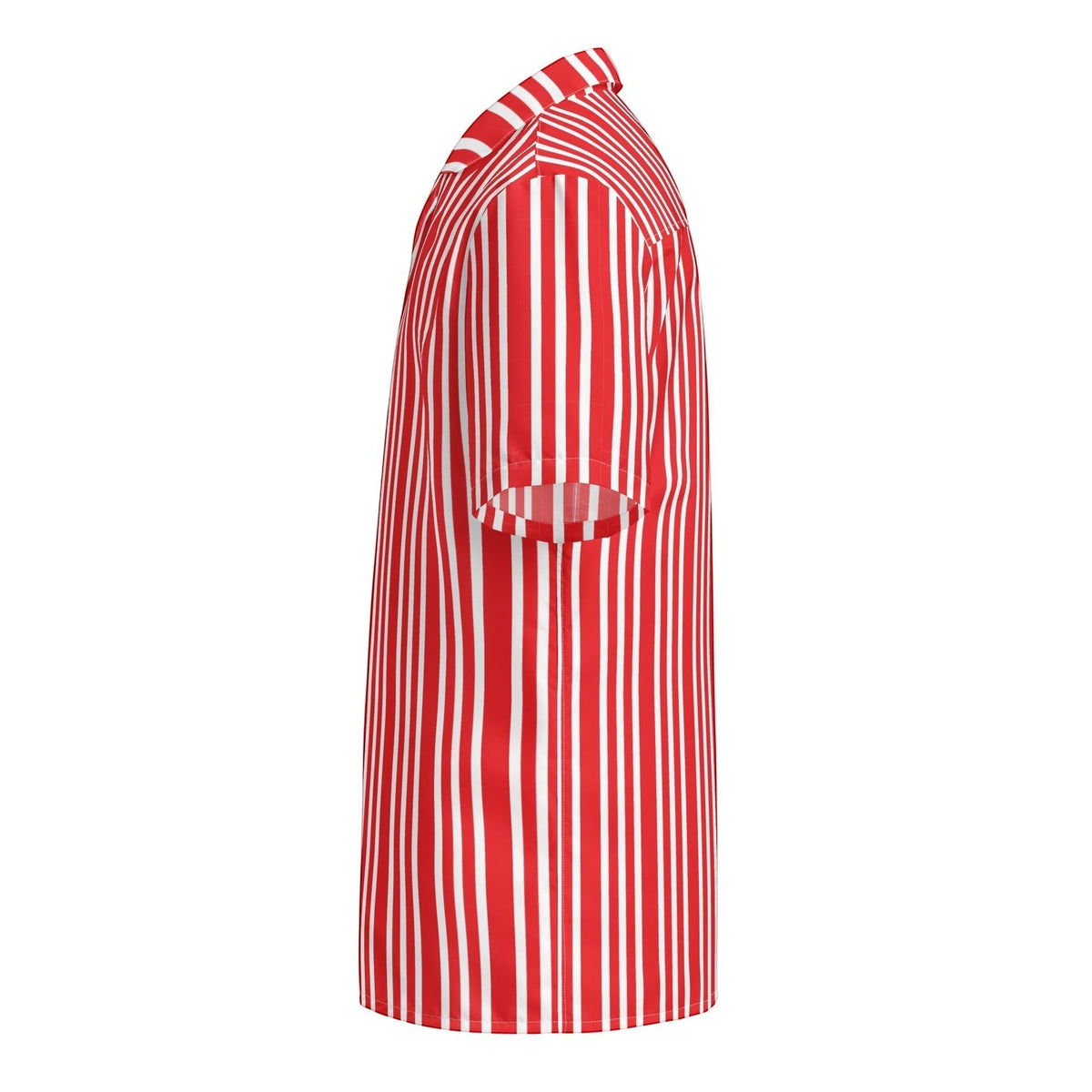 Good Wishes 365 red and white vertical striped short-sleeve button-down shirt with a camp collar, side view.