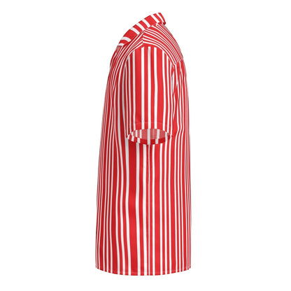 Good Wishes 365 red and white vertical striped short-sleeve button-down shirt with a camp collar, side view.