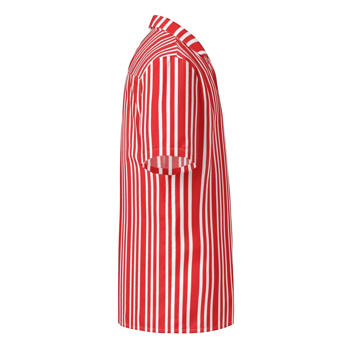 Good Wishes 365 red and white vertical striped short-sleeve button-down shirt with a classic camp collar, side view.