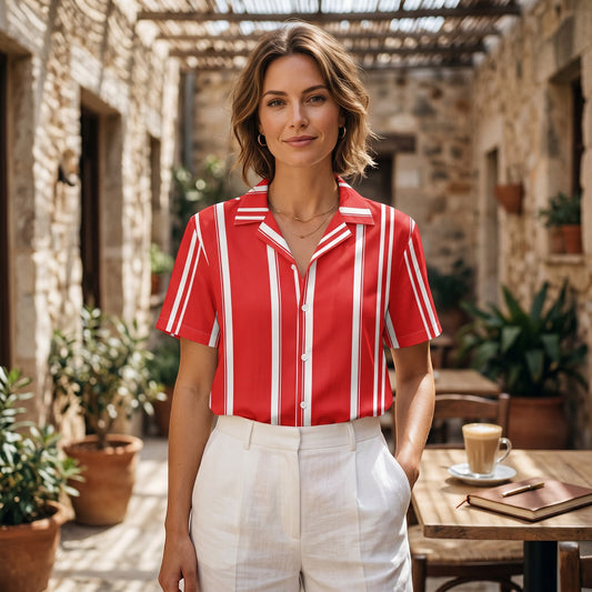 Good Wishes 365 red and white vertical striped short sleeve camp collar shirt worn by a woman in a cafe setting.