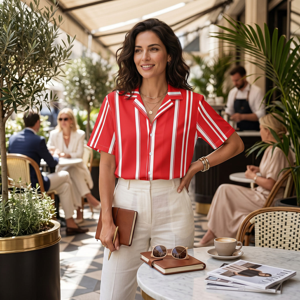 Good Wishes 365 red and white vertical striped short sleeve camp collar shirt worn by a woman at an outdoor cafe