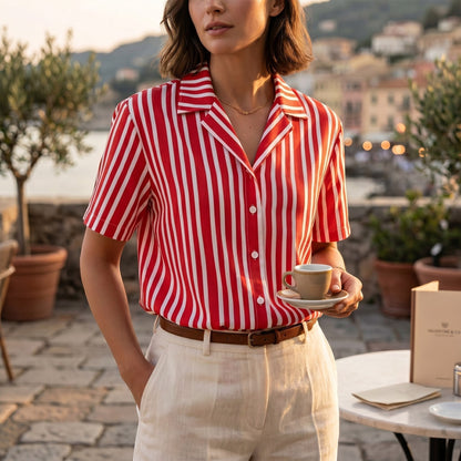 Good Wishes 365  all-over print, red and white candy-striped short-sleeve button-down shirt with a camp collar worn by a woman outdoors, UPF50+, sun protection,.