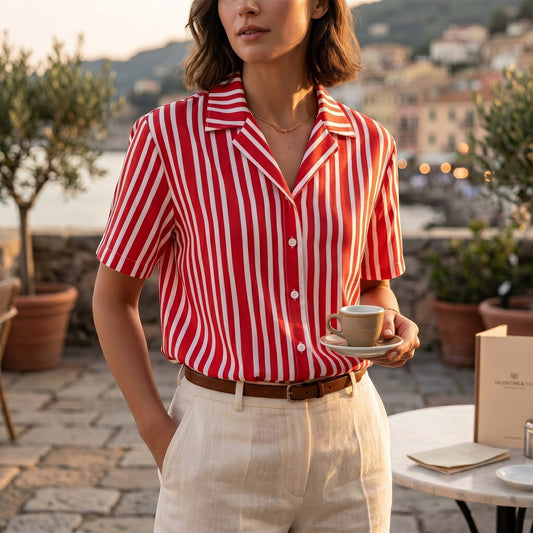 Good Wishes 365  all-over print, red and white candy-striped short-sleeve button-down shirt with a camp collar worn by a woman outdoors, UPF50+, sun protection,.
