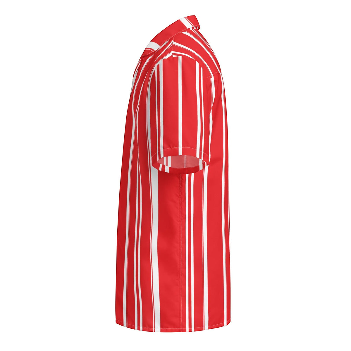 Good Wishes 365 red and white vertical striped short sleeve button-down shirt with a camp collar, side view.
