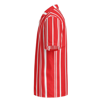 Good Wishes 365 red and white vertical striped short sleeve button-down shirt with a camp collar, side view.