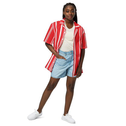 Good Wishes 365 red and white vertical striped short sleeve button-down shirt worn by a model with denim shorts.